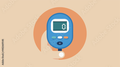 Smart Glucose Monitor A round glucose monitor device with a digital screen displaying glucose levels hovering above a hand holding it symbolizing diabetes management.