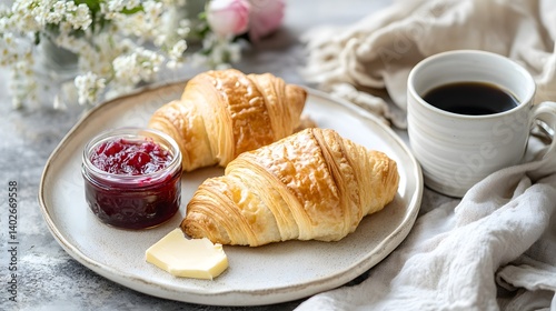 Obraz na płótnie Golden Brown French Croissants with Butter and Coffee on a Wooden Table w salonie