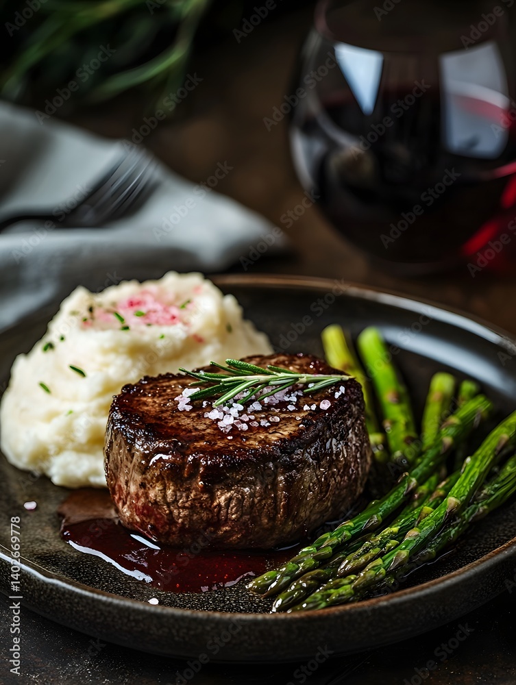 Gourmet Fine Dining: Elegant Medium-Rare Steak with Red Wine Sauce on a Rustic Plate