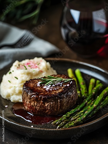 Obraz na płótnie Gourmet Fine Dining: Elegant Medium-Rare Steak with Red Wine Sauce on a Rustic Plate w salonie