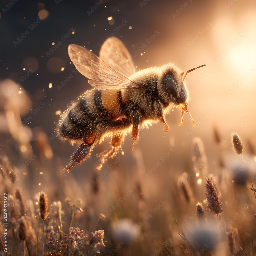 Heroic 3D Bee in Mid-Flight Over Sunset Field