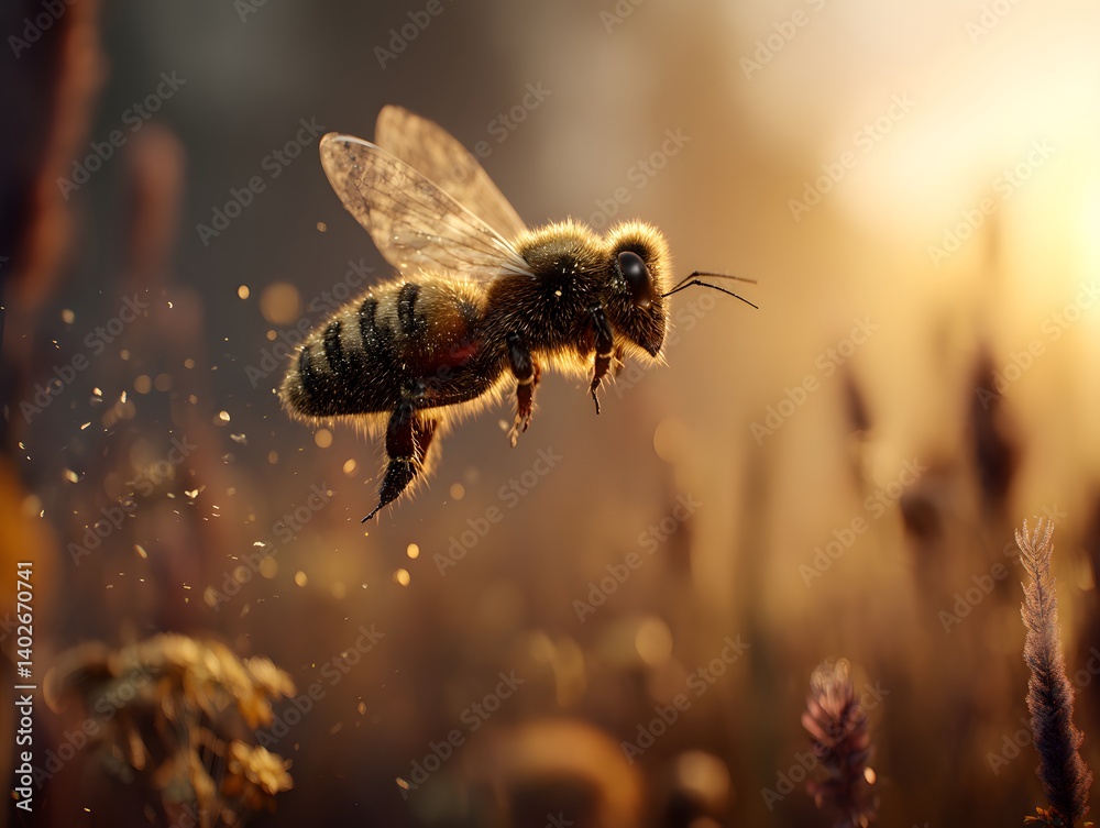 Heroic 3D Bee in Mid-Flight Over Sunset Field