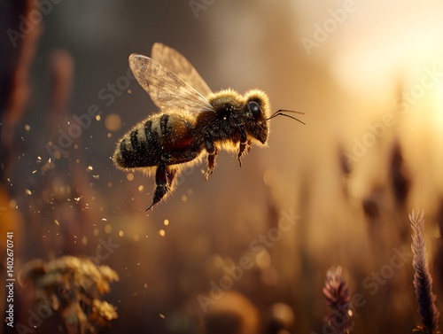 Obraz na płótnie Heroic 3D Bee in Mid-Flight Over Sunset Field w salonie