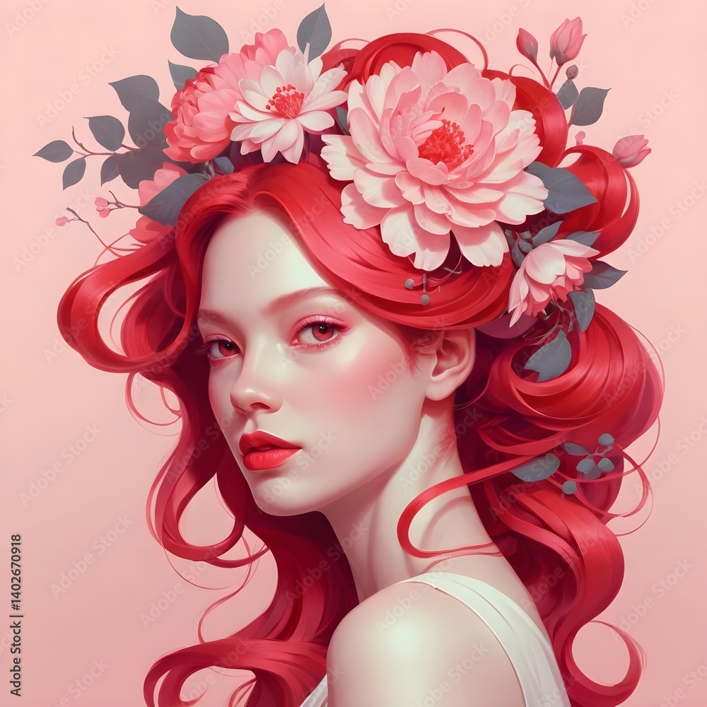 Naklejka premium Redhead Woman with Pink Flowers Crown