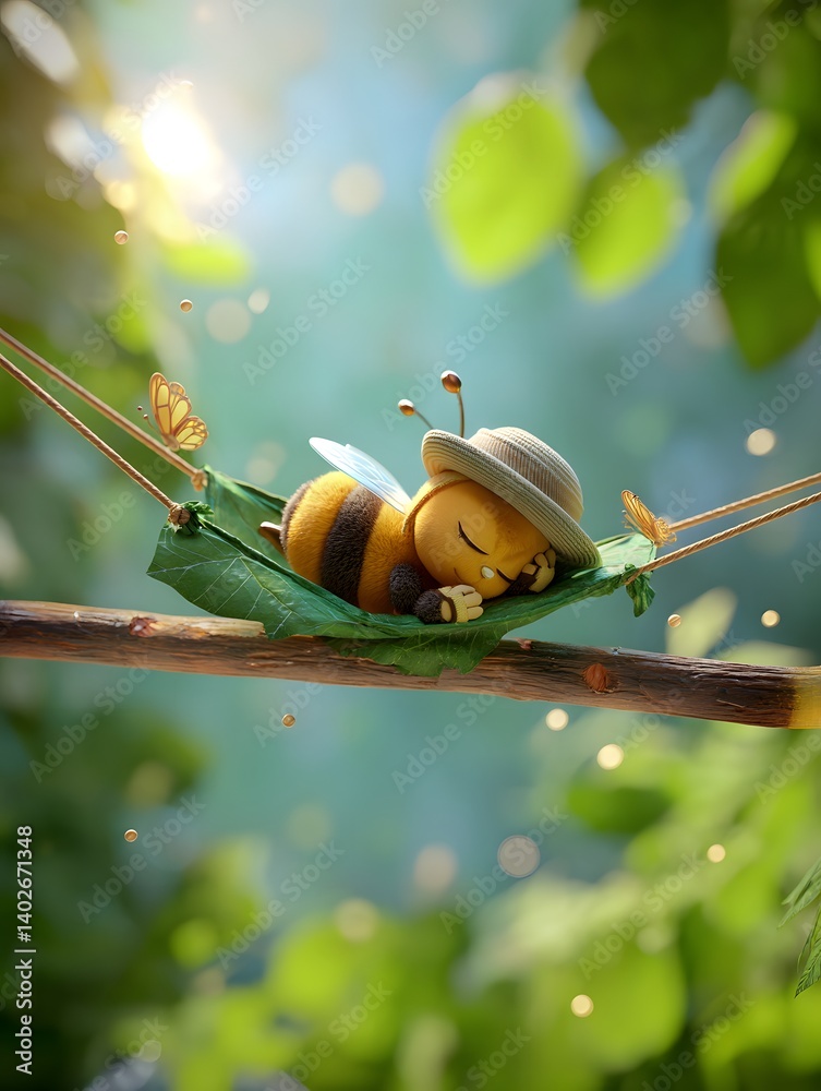 Sleepy 3D Cartoon Bee on a Leaf Hammock