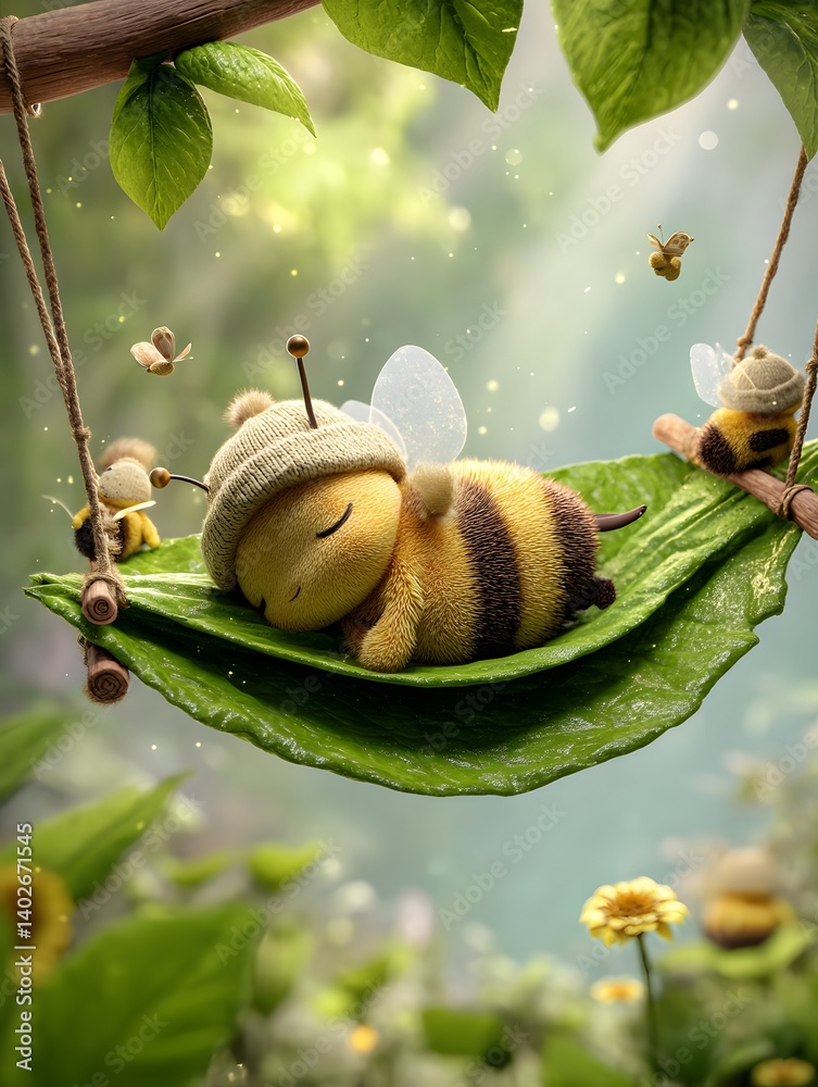 Sleepy 3D Cartoon Bee on a Leaf Hammock