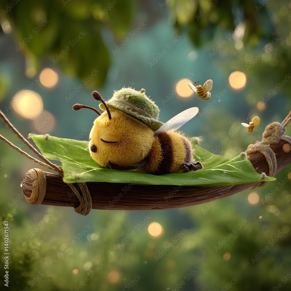 Sleepy 3D Cartoon Bee on a Leaf Hammock