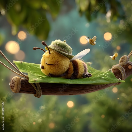 Obraz na płótnie Sleepy 3D Cartoon Bee on a Leaf Hammock w salonie