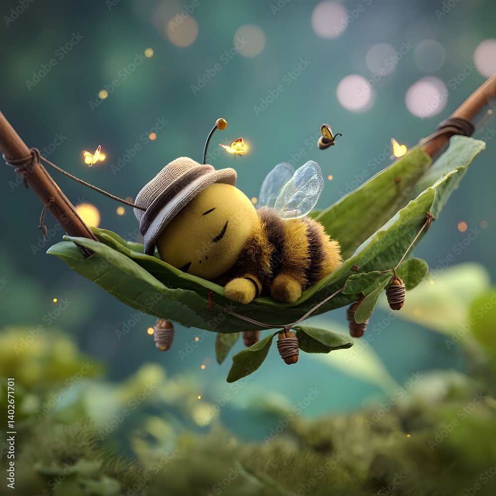 Sleepy 3D Cartoon Bee on a Leaf Hammock