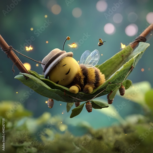 Obraz na płótnie Sleepy 3D Cartoon Bee on a Leaf Hammock w salonie