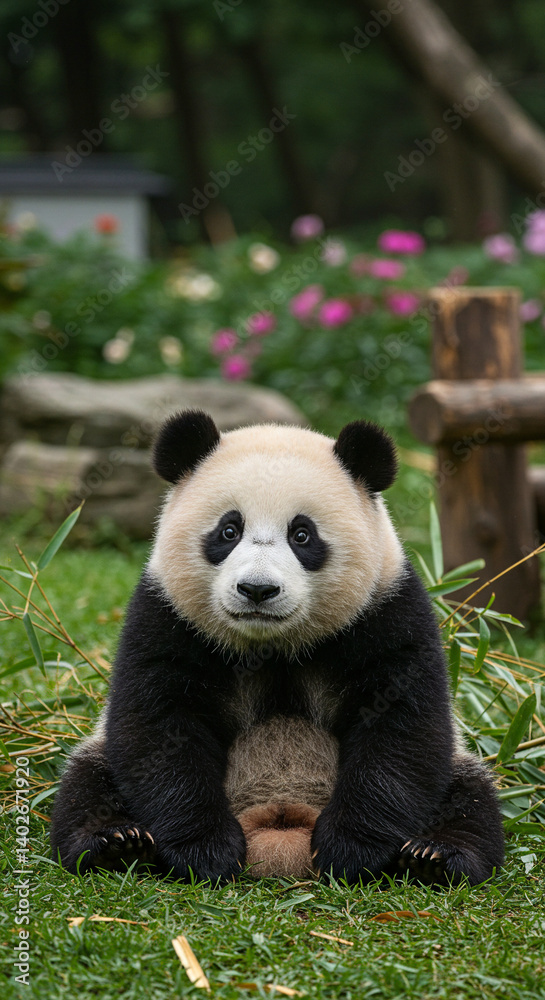 Playful Giant Panda rolling on its back while holding a piece of bamboo, close view. Charming animal behavior mobile background. Playful Giant Panda rolling on its back while holding a piece of bamboo, close view. Charming animal behavior mobile background.