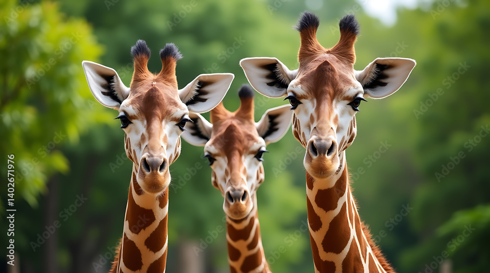 Obraz premium Three Curious Giraffes Interacting in a Vibrant, Green Zoo Habitat Filled with Tropical Plants and Natural Wildlife Surroundings