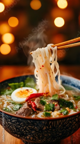 Street Food Delight: Authentic Asian Noodles with Chopsticks and Aromatic Steam
