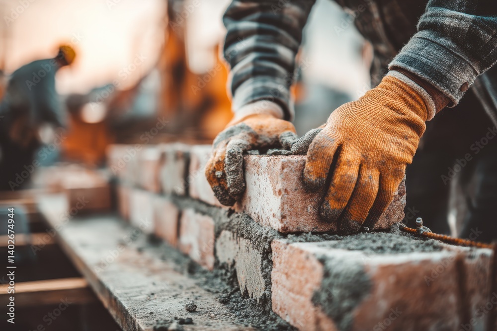 A skilled mason carefully lays red bricks to construct a sturdy wall, wearing protective gloves and a plaid shirt, showcasing precision and building expertise. A skilled mason carefully lays red bricks to construct a sturdy wall, wearing protective gloves and a plaid shirt, showcasing precision and building expertise.