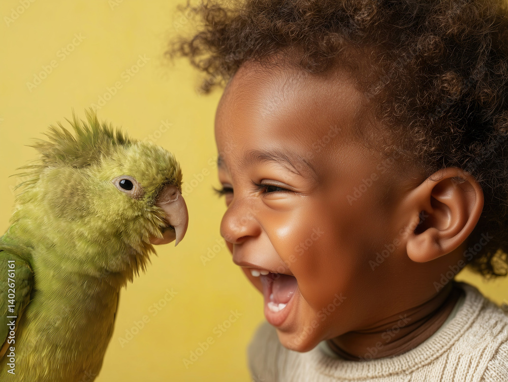 A cute Black toddler communicating with a parrot, on yellow studio background.