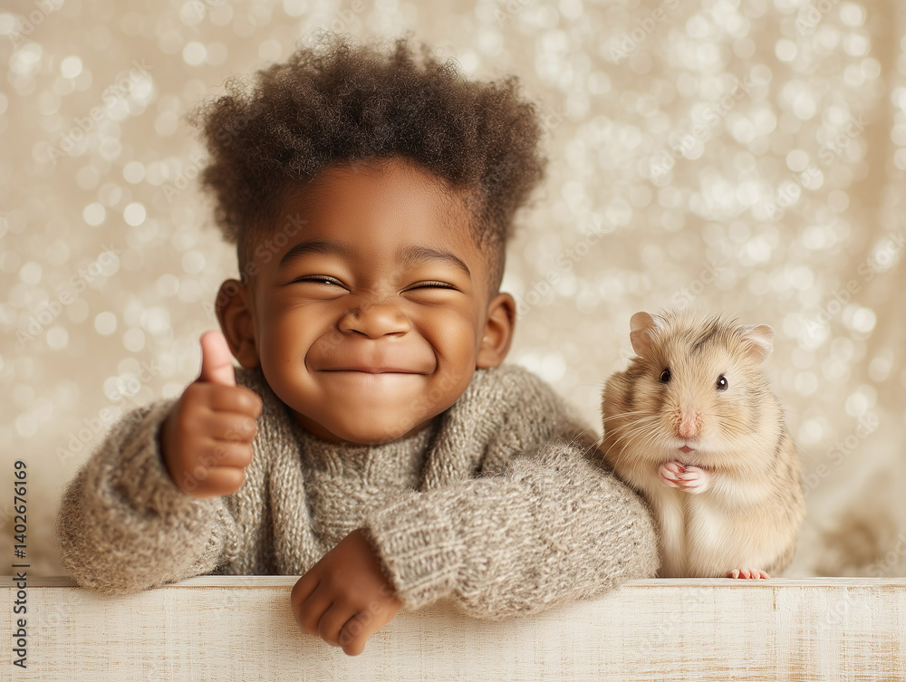 A Black toddler boy smiling with thumb up sitting next to his pet hamster on shiny bokeh studio background.