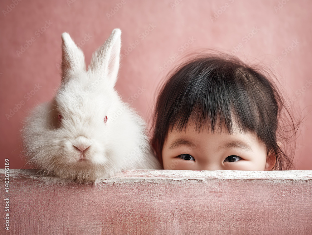 An Asian girl toddler and a large white bunny are hiding behind pink fence.