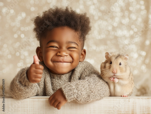 Obraz na płótnie A Black toddler boy smiling with thumb up sitting next to his pet hamster on shiny bokeh studio background. w salonie