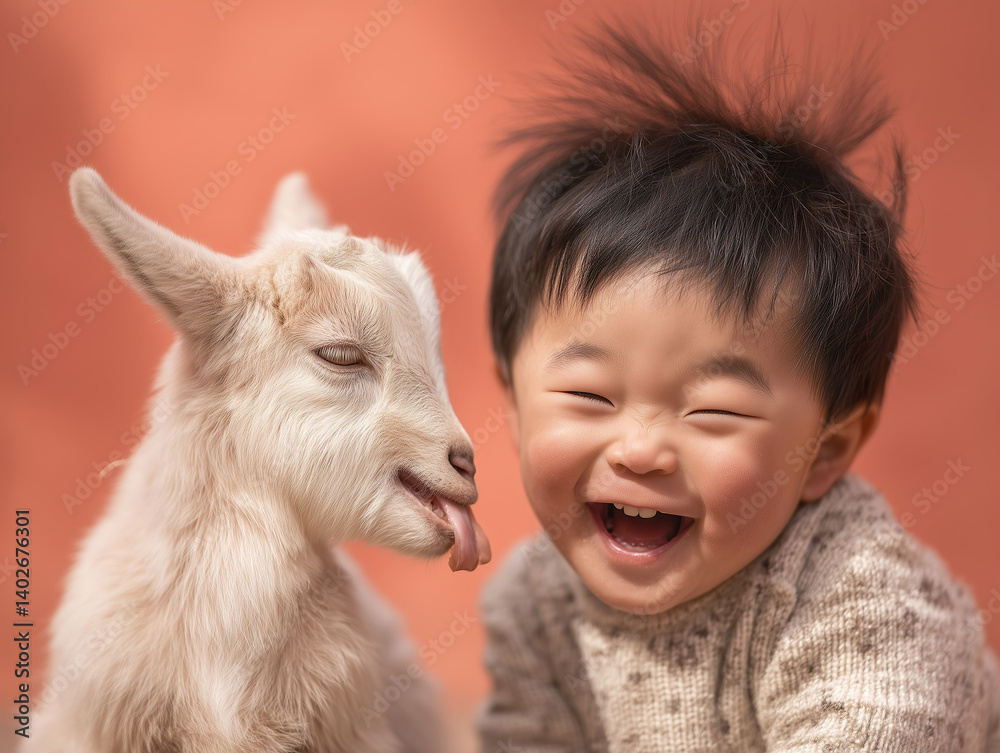 An Asian boy toddler and a baby goat having fun and making faces.