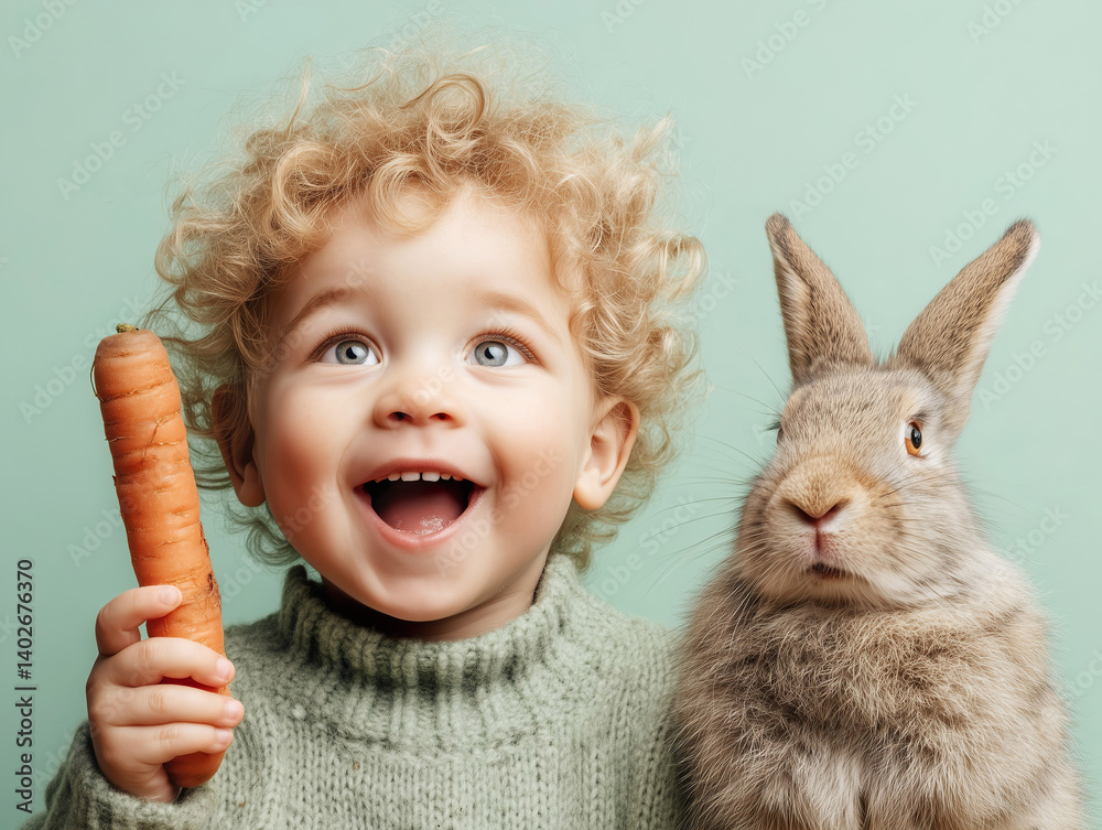 A Nordic toddler boy holding a large carrot sitting next to a large surprised bunny, on blue studio background.