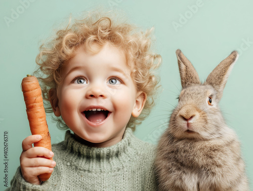 Obraz na płótnie A Nordic toddler boy holding a large carrot sitting next to a large surprised bunny, on blue studio background. w salonie