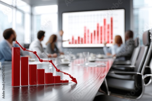 An office boardroom featuring a downward trending chart with business professionals in the background, showcasing economic decline, potential financial crisis, and market volatility.
