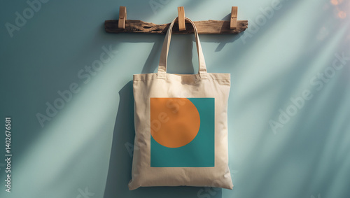 Stylish canvas tote bag with colorful graphic design hanging on a rustic wooden hook in sunlit modern interior