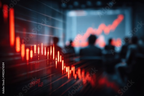 A dramatic stock market crash visualized in a meeting room, with an ominous red graph dominating the scene and the silhouette of business people watching. photo