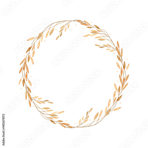 Watercolor wreath illustration of branch of wheat ears, wild herb. Frame round hand drawn in vintage gold color on isolated background for postcard template, greeting, invitation, celebration, poster