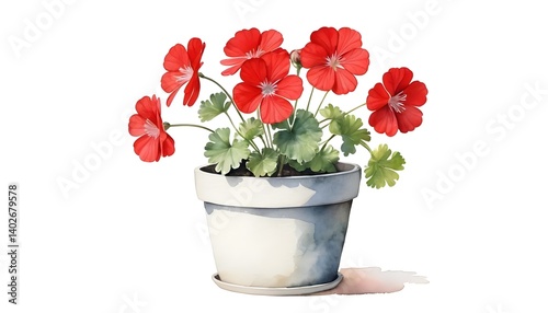Red Geraniums in a White Pot