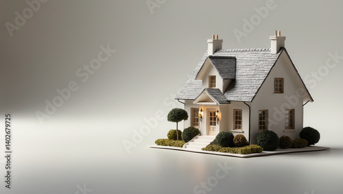 Realistic miniature house model with garden and lighting, ideal for real estate concepts, architectural design, and home model visualizations