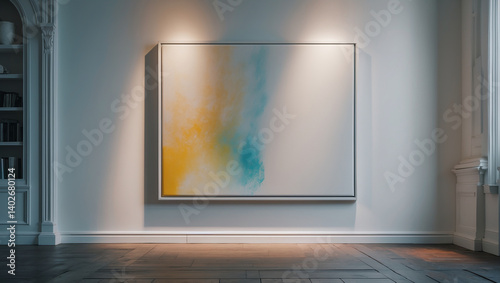 Large abstract painting in soft blue and yellow hues on a gallery wall, illuminated with warm lighting, offering modern aesthetic and elegance