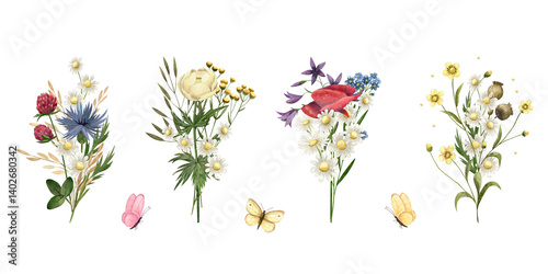 Watercolor bouquet of wild flowers, grass, butterfly. Illustration poppy, chamomile, clover, buttercup, cornflower, ranunculus, tansy, globeflower hand drawn for cards, greeting, cosmetics, products