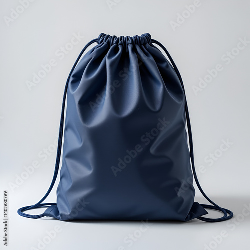 Navy drawstring bag.  A simple, navy drawstring bag, featuring a smooth, glossy exterior.  It's a versatile bag ideal for various uses