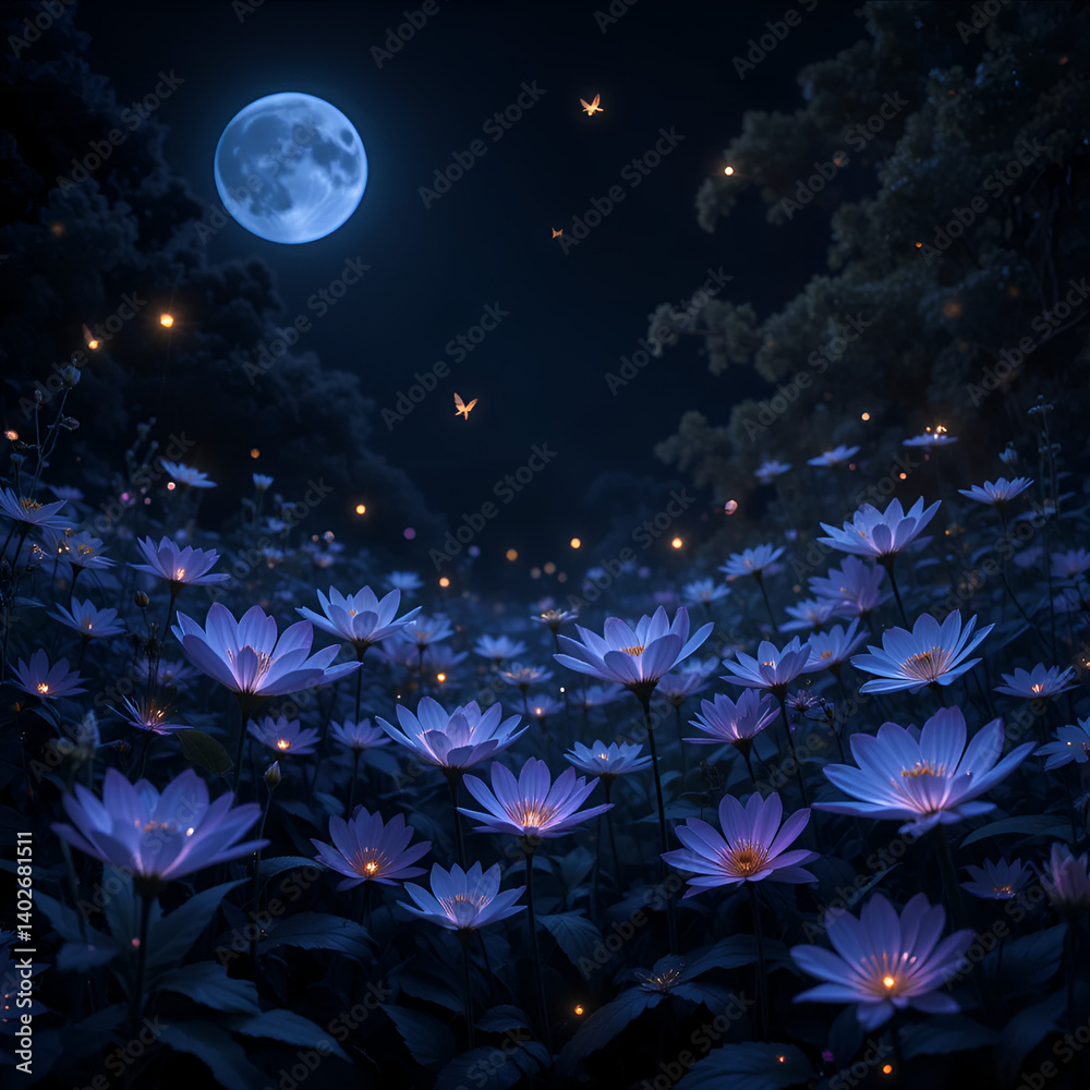 Naklejka premium Nighttime flower field under a full moon, glowing with bioluminescence