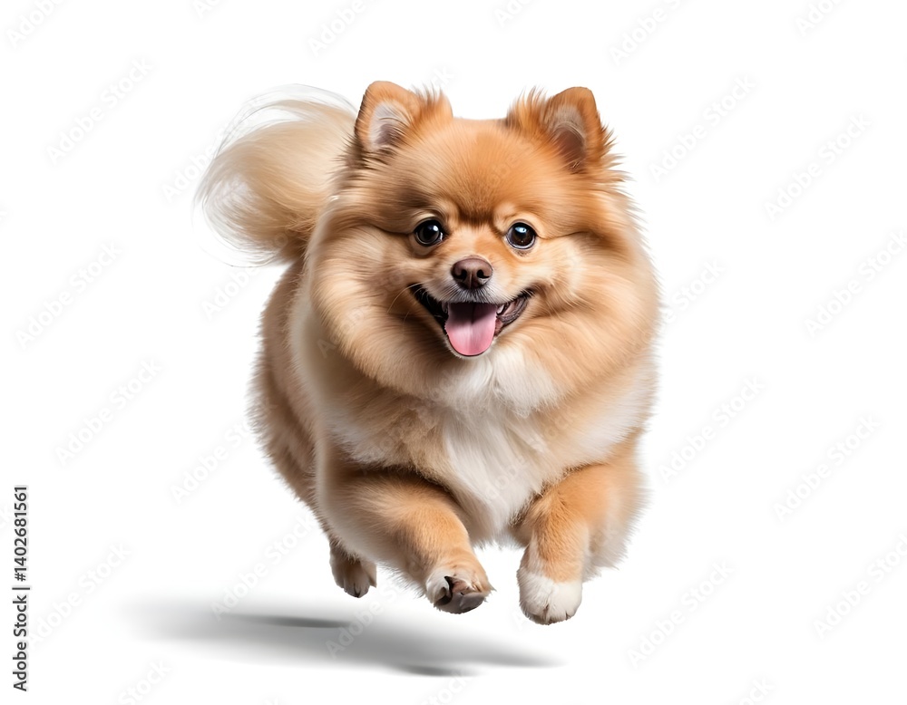 Obraz premium Happy Pomeranian Dog Running, Jumping, White Background