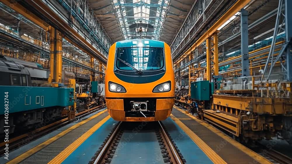 Modern train in a spacious industrial workshop, showcasing vibrant colors and machinery Modern train in a spacious industrial workshop, showcasing vibrant colors and machinery