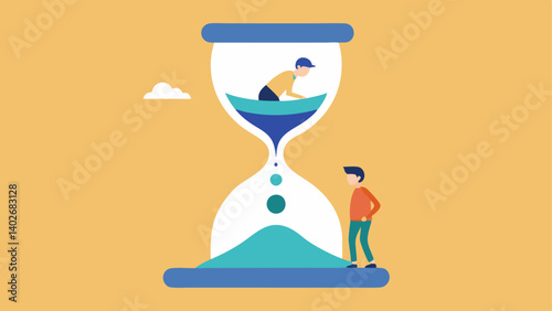 Time Rewind An hourglass with the sand flowing upwards with images of a young person on the top and an older person on the bottom.