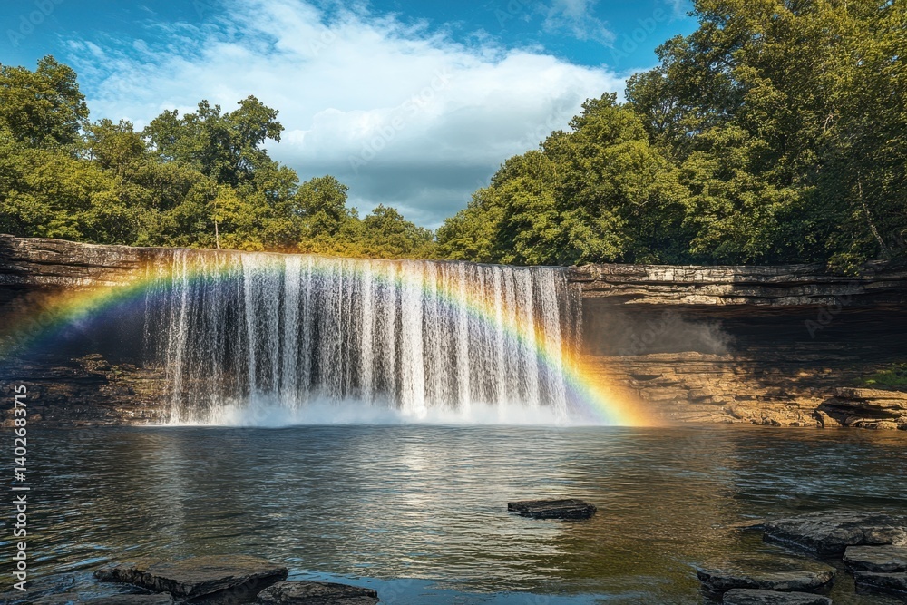 Obraz premium Majestic waterfall with vibrant rainbow at serene natural setting in daylight