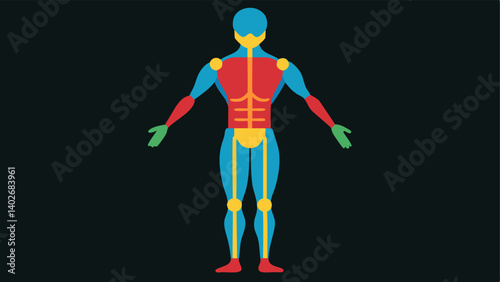 Precision Mapping A graphic representation of the skeletal and muscular systems within the scanned model with colorcoded areas representing different tissues.