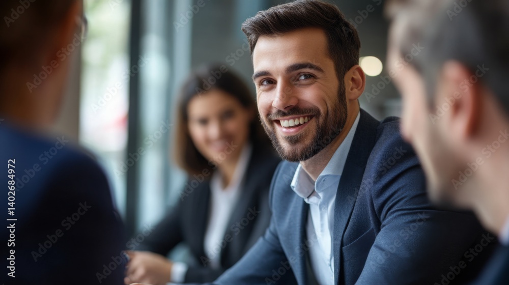 Professional men and women engaged in conversation during a business meeting in a modern office setting Professional men and women engaged in conversation during a business meeting in a modern office setting