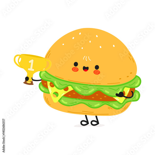 A delightful cartoon Burger proudly holding a golden trophy, celebrating a win with a happy smile.