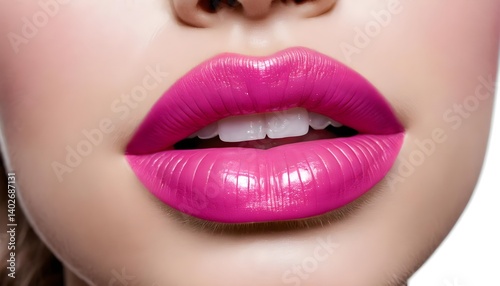 Close-up of Woman's Lips with Bright Pink Lipstick