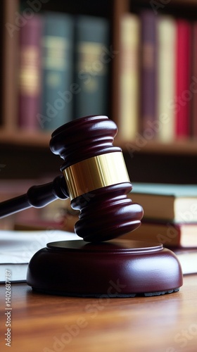 Wooden judge's gavel resting on sound block with law books in soft-focus background, symbolizing legal system and judicial process