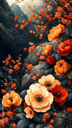 Orange Floral Phone Wallpaper   Cream Flowers on Dark Rocks | Nature Aesthetic Vertical Mobile Background in HD

