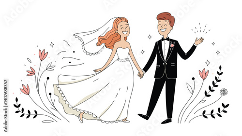 A beautiful hand-drawn whimsical style illustration of a bride and groom, isolate on a white background