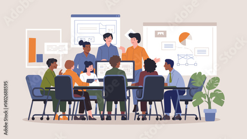 An illustration of a modern office setting with a group of colleagues gathered around a table