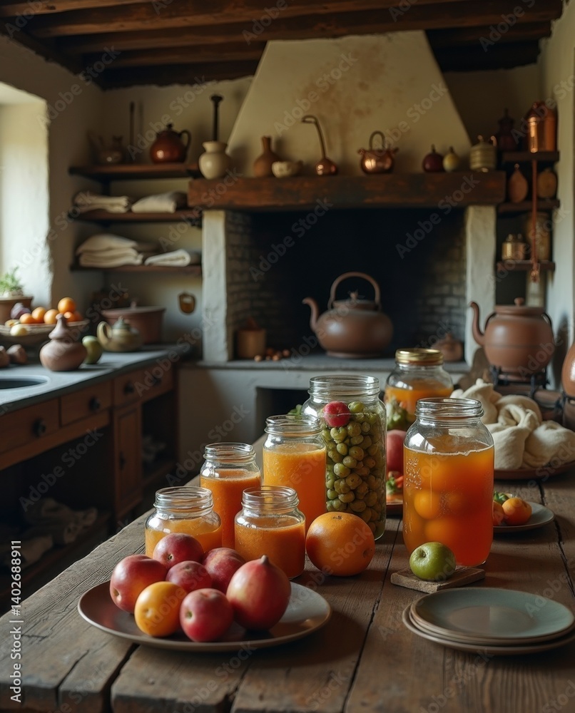 Exploring the art of minimalism and canning in a rustic kitchen filled with preserved fruits and traditional tools Exploring the art of minimalism and canning in a rustic kitchen filled with preserved fruits and traditional tools