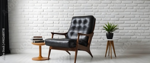 Modern Black Leather Armchair in White Brick Room