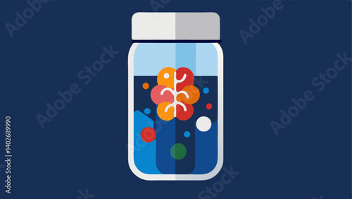 Pill Bottle A sleek modern pill bottle filled with colorful capsules with a label featuring abstract brain graphics symbolizing intelligence and clarity.